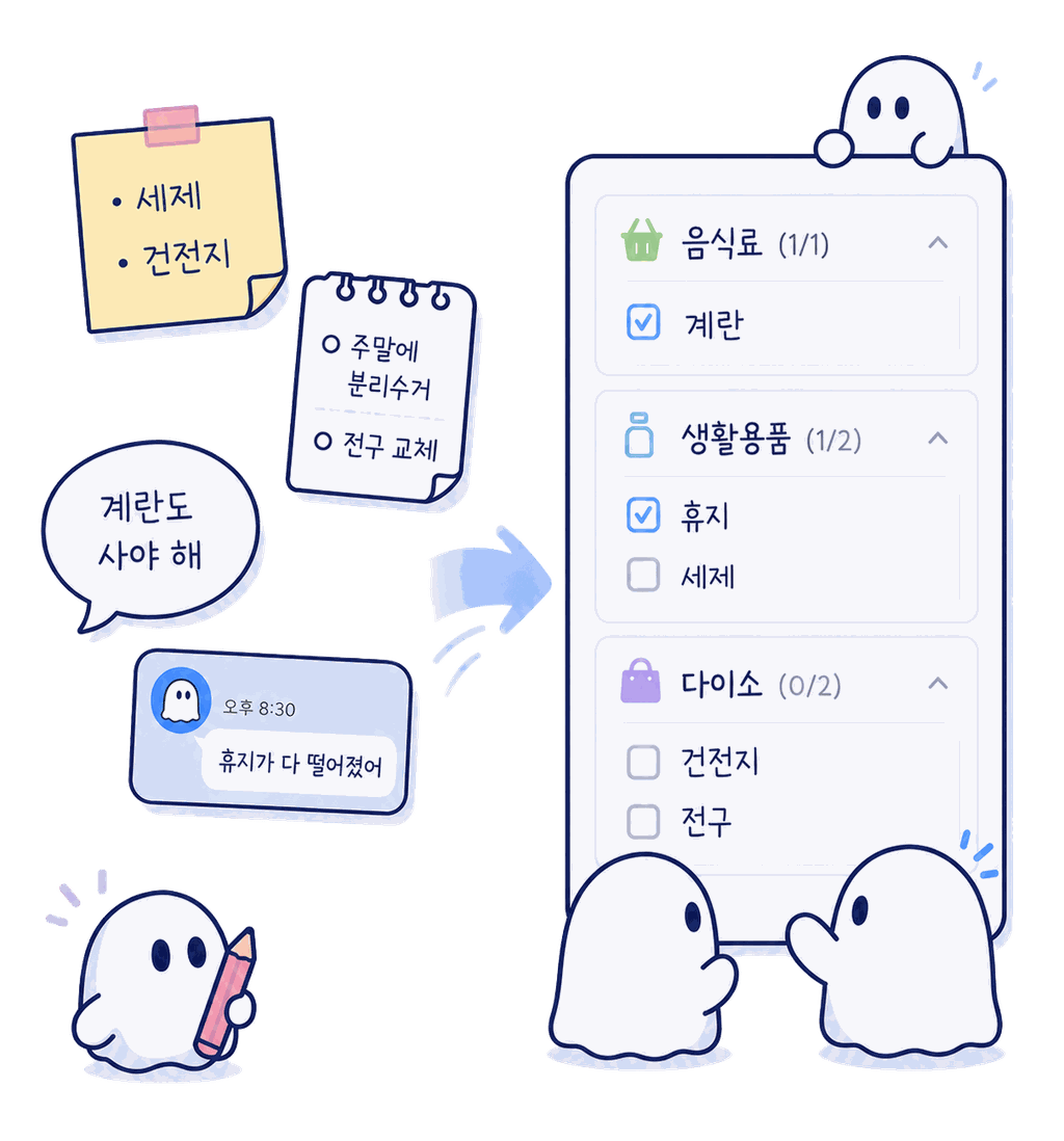 Togethery 화면 미리보기 — 가족이 함께 쓰는 장보기 리스트