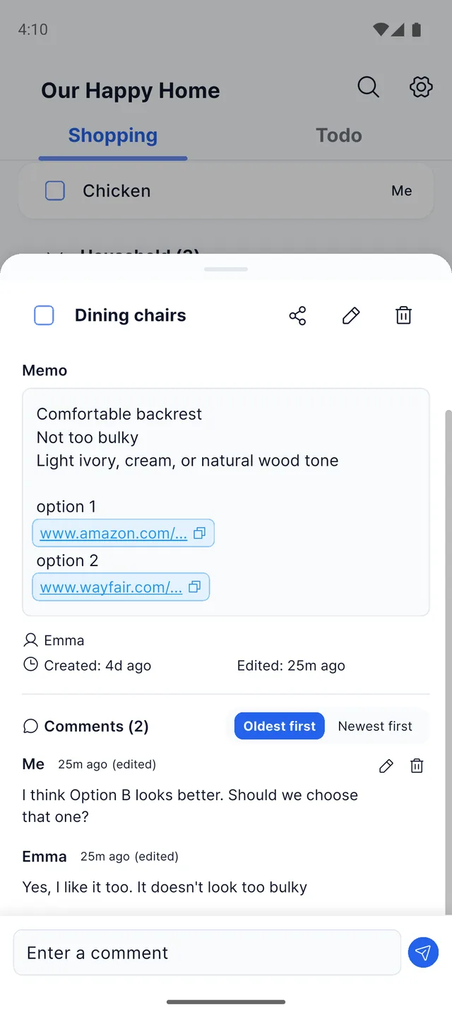 An item's detail view in Togethery — notes, links, and a couple talking it over in comments