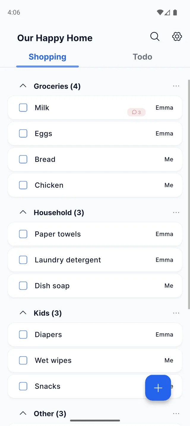 Togethery shopping list screen with a family's shared list organized into folders